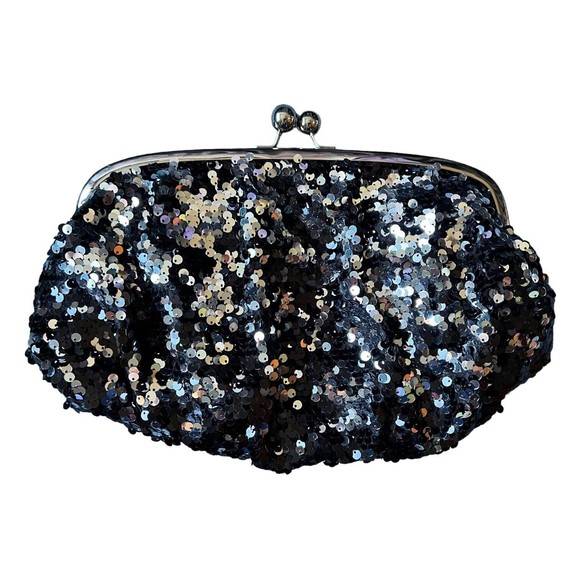 Mossimo Black Sequin Kiss Lock Clutch 13" W x 9" H Scrunchy Glitter Purse - Picture 1 of 12